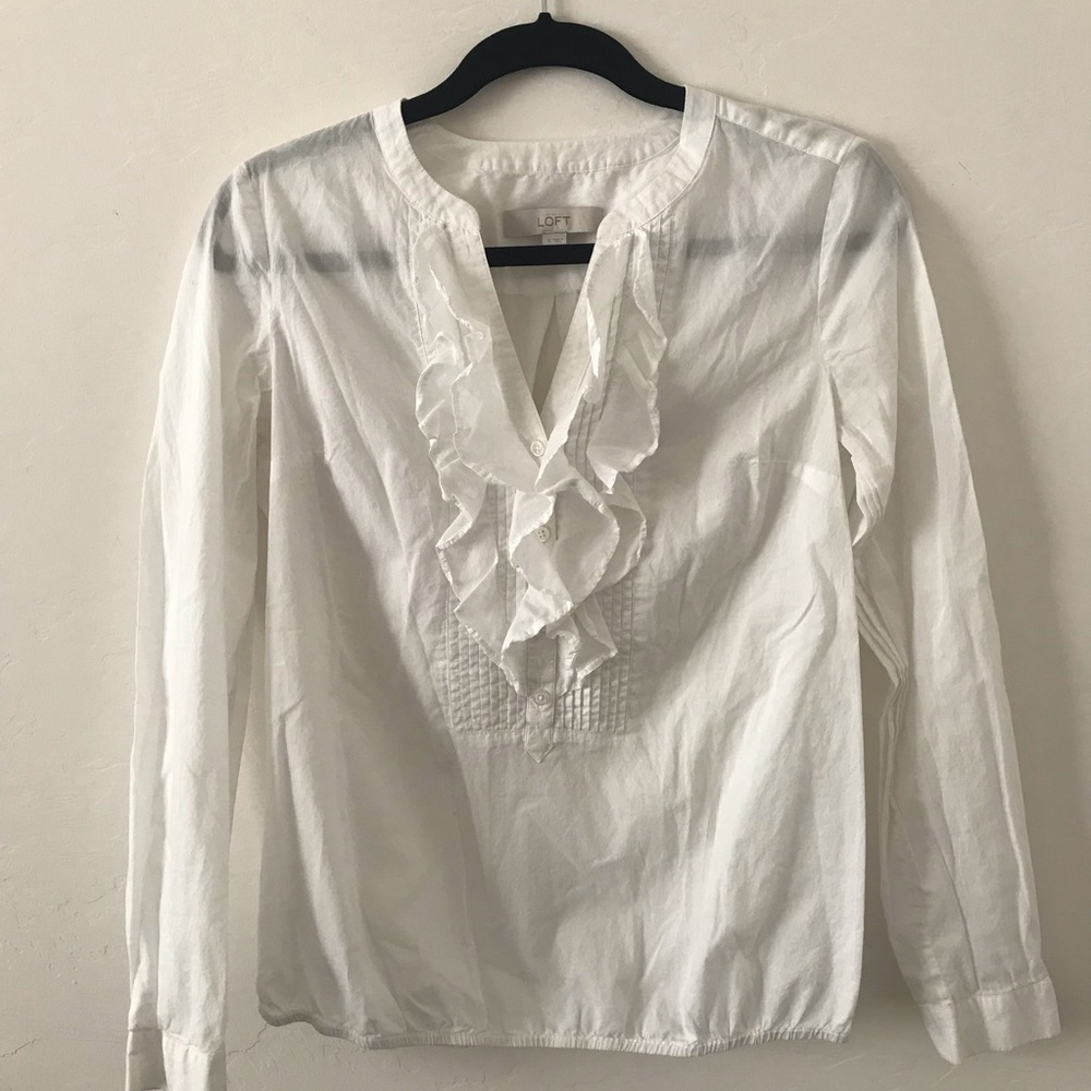 LOFT Sheer Ruffled Neck White Top